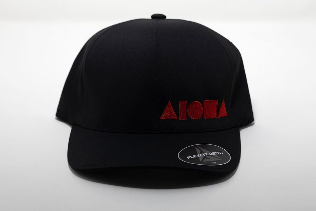 Adult Flexfit curved bill hat. Black with red embroidered ALOHA Shapes ® logo. Waterproof material and elastic Flexfit band inside.