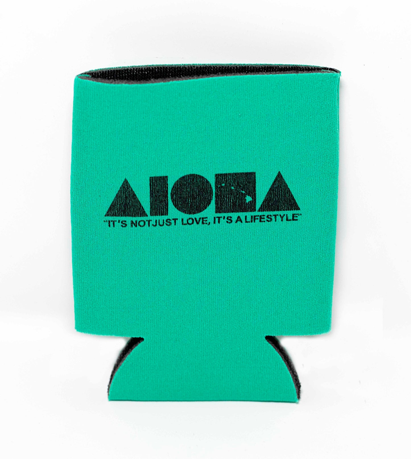 Green Aloha Shapes ® logo koozie with tagline below "It's not just love, it's a lifestyle"