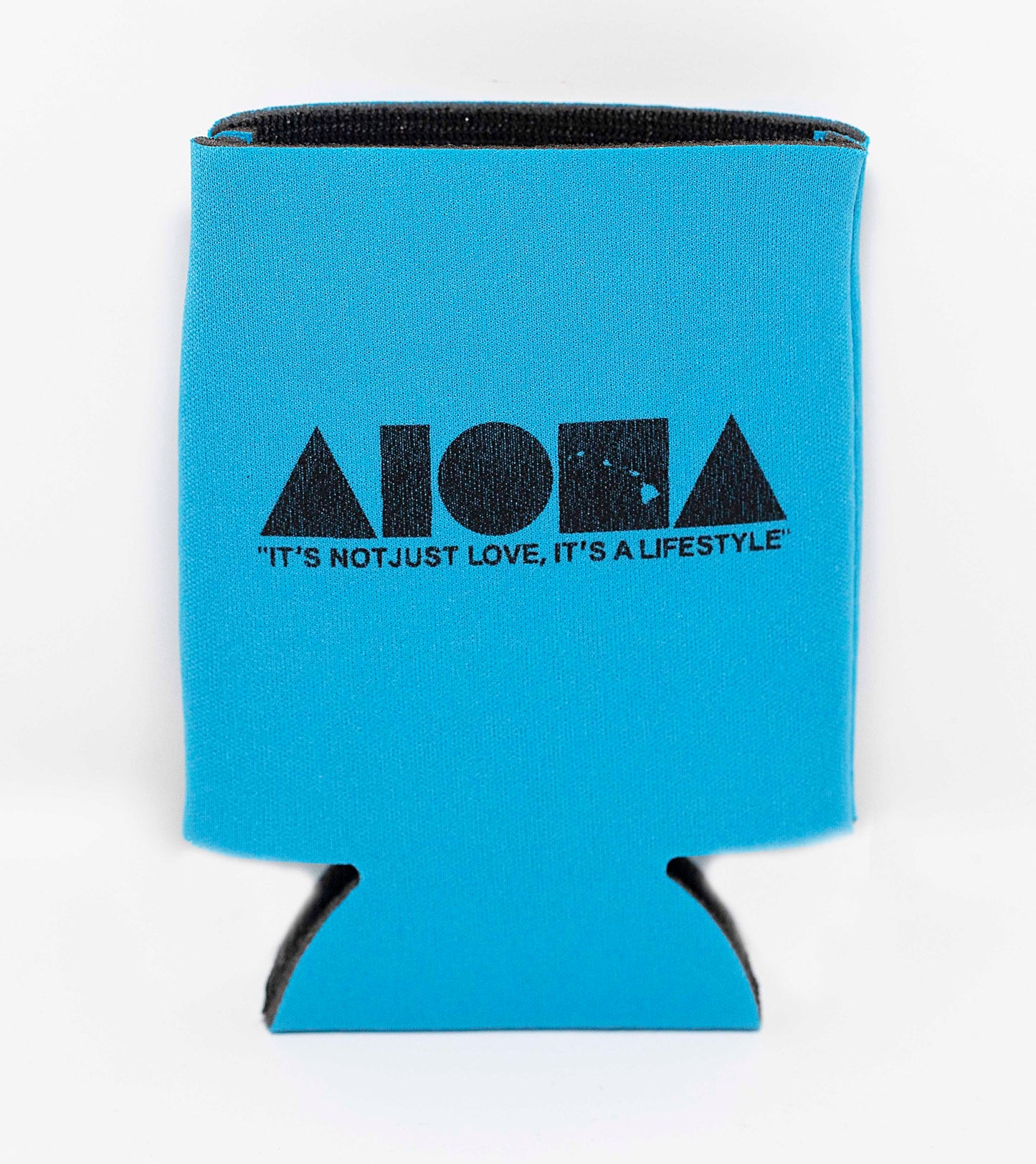Blue Aloha Shapes ® logo koozie with tagline below "It's not just love, it's a lifestyle"