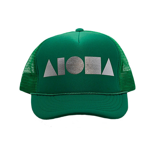 Green adult foam trucker hat foil printed with silver Aloha Shapes® logo