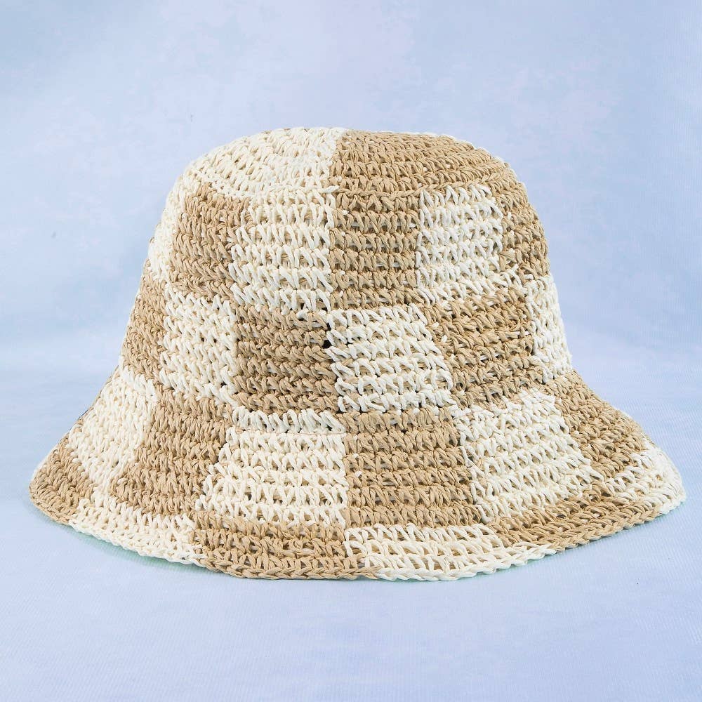 CHECK MATE Beige Wide Brim Beach Bucket Hat | One Size