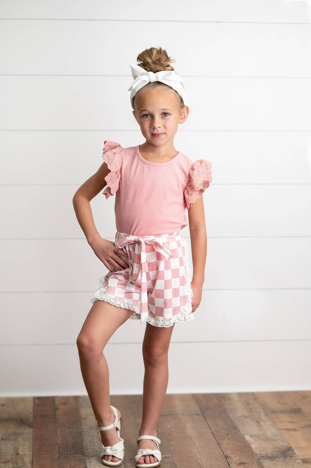 Girls Pink Lace Checkered Summer Ruffle Short Set: 2
