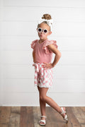 Girls Pink Lace Checkered Summer Ruffle Short Set: 2