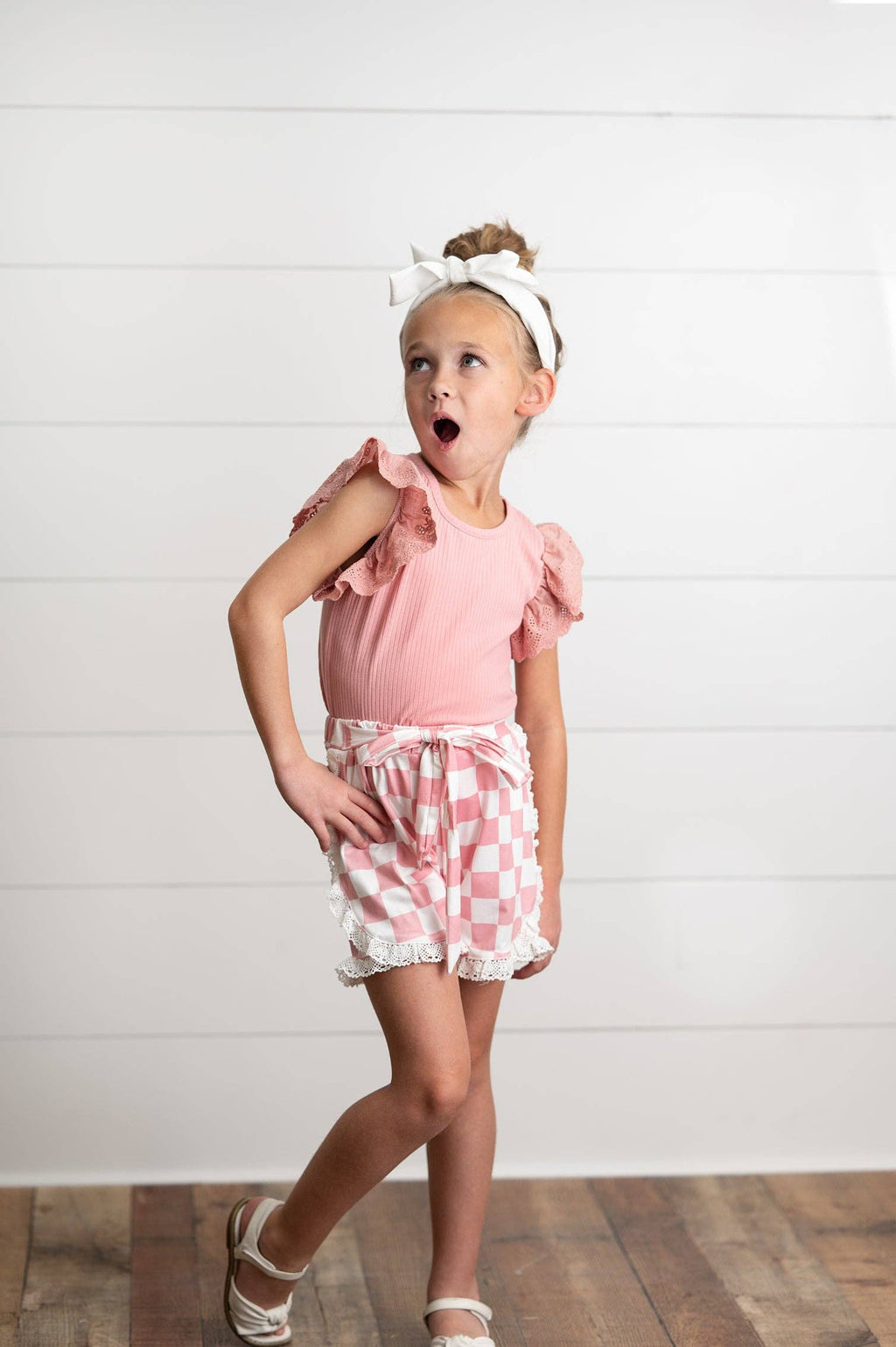 Girls Pink Lace Checkered Summer Ruffle Short Set: 2