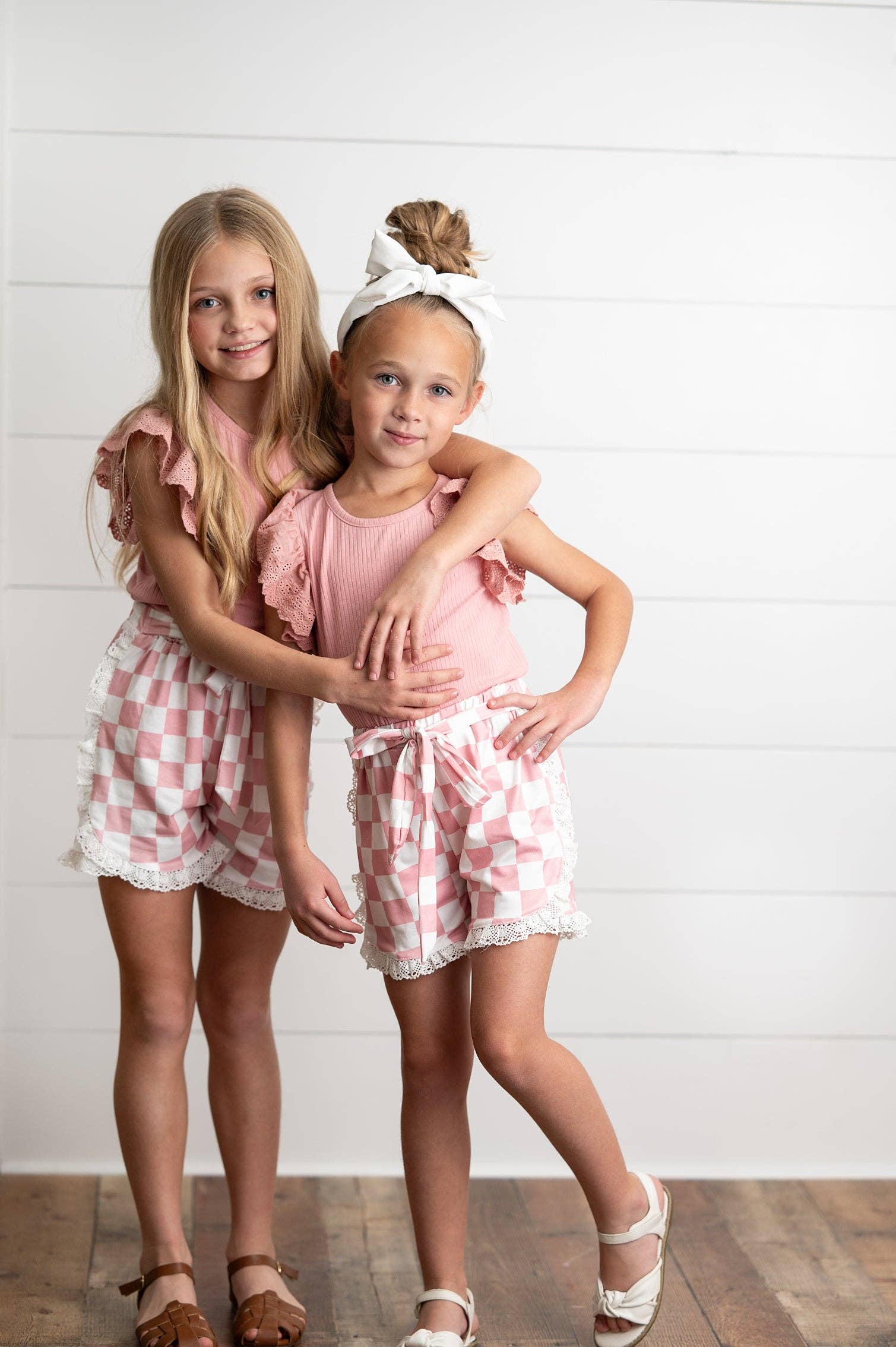 Girls Pink Lace Checkered Summer Ruffle Short Set: 2