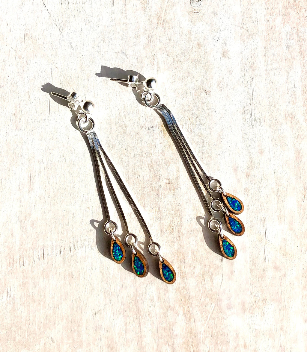 LĀʻAU HIHI Koa Wood/Opal Silver Earrings