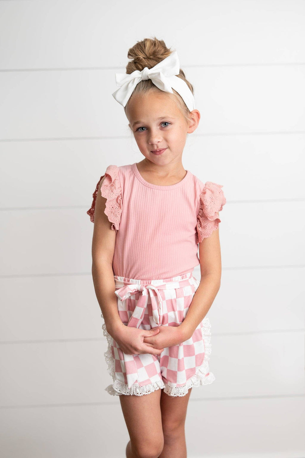 Girls Pink Lace Checkered Summer Ruffle Short Set: 2
