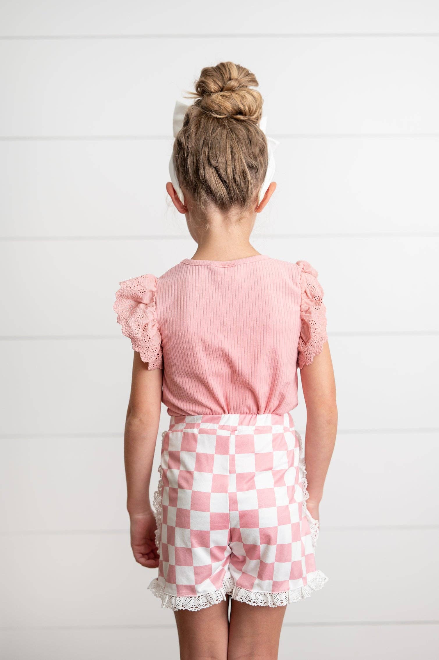 Girls Pink Lace Checkered Summer Ruffle Short Set: 2