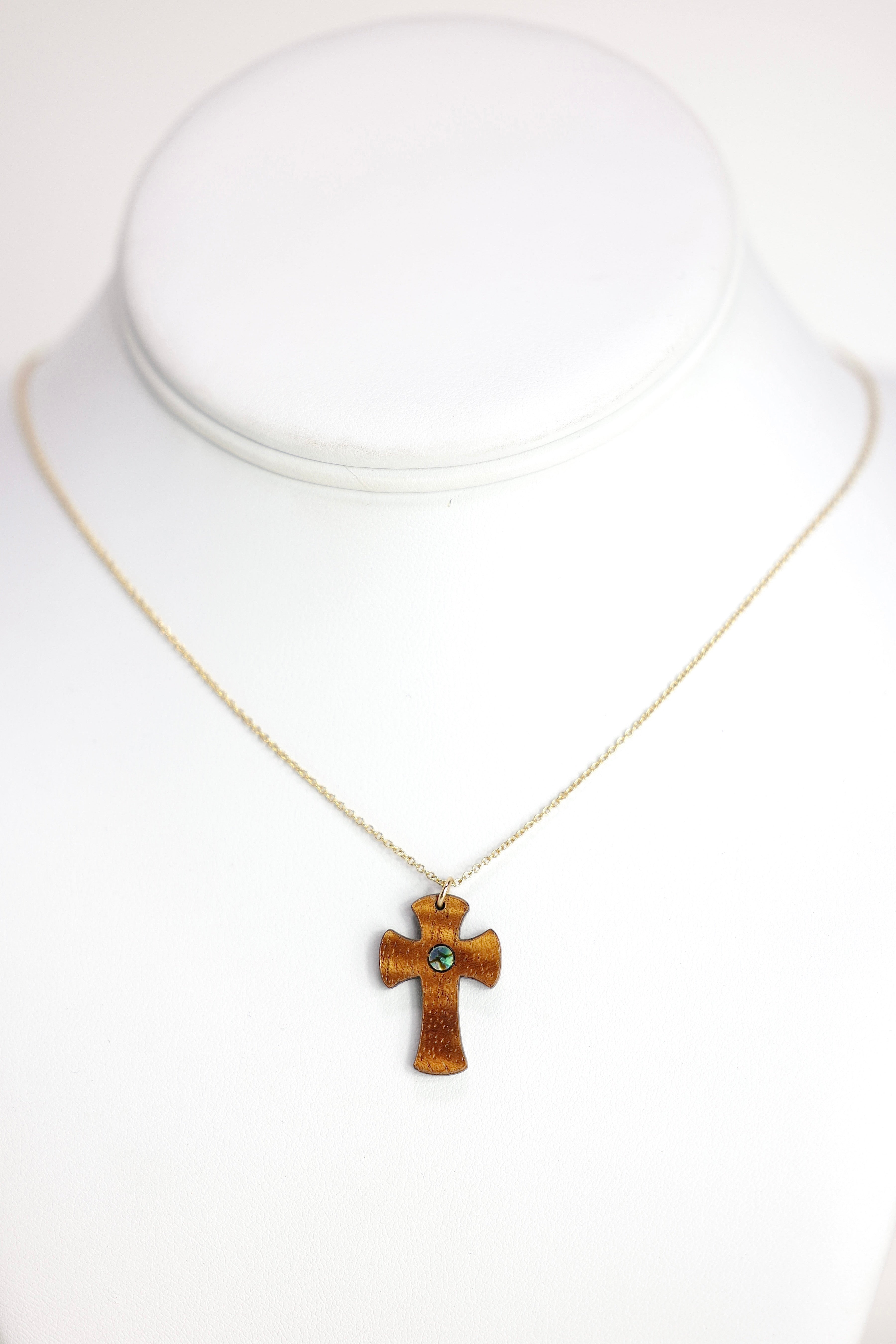 KOA Wood Abalone Inlayed Ke Akua Cross Pendant 18” Necklace