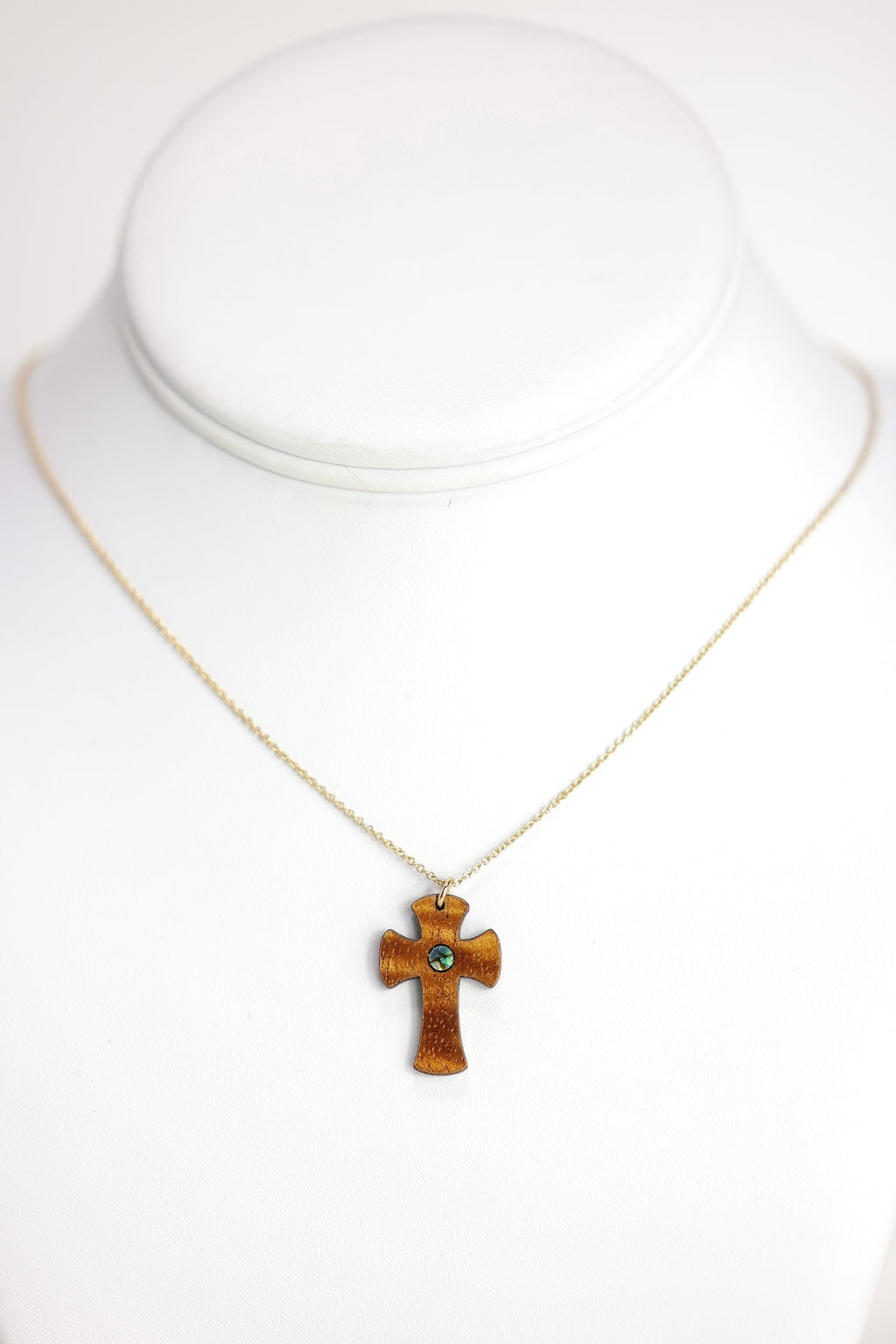 KOA Wood Abalone Inlayed Ke Akua Cross Pendant 18” Necklace