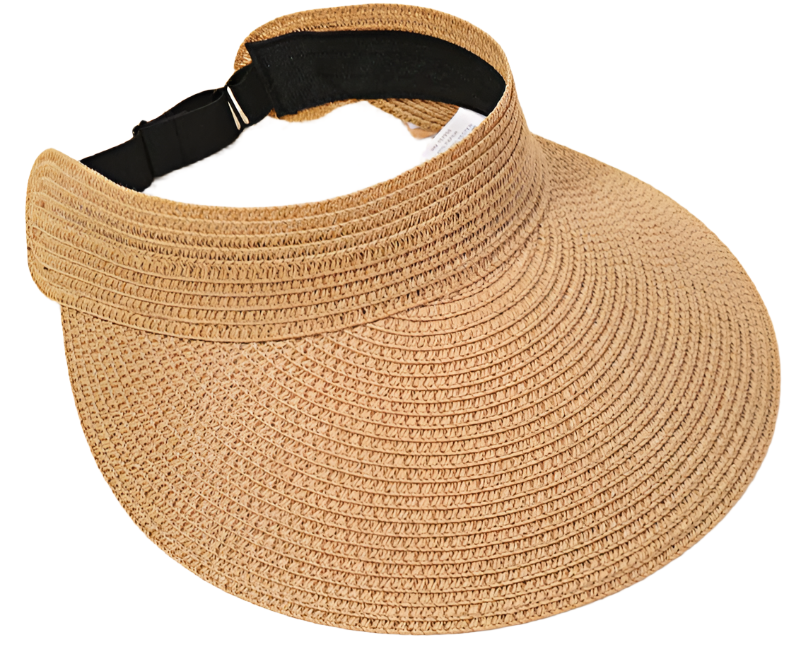Beige straw visor with black strap on a beige background