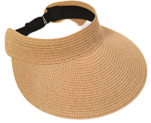 Beige straw visor with black strap on a beige background