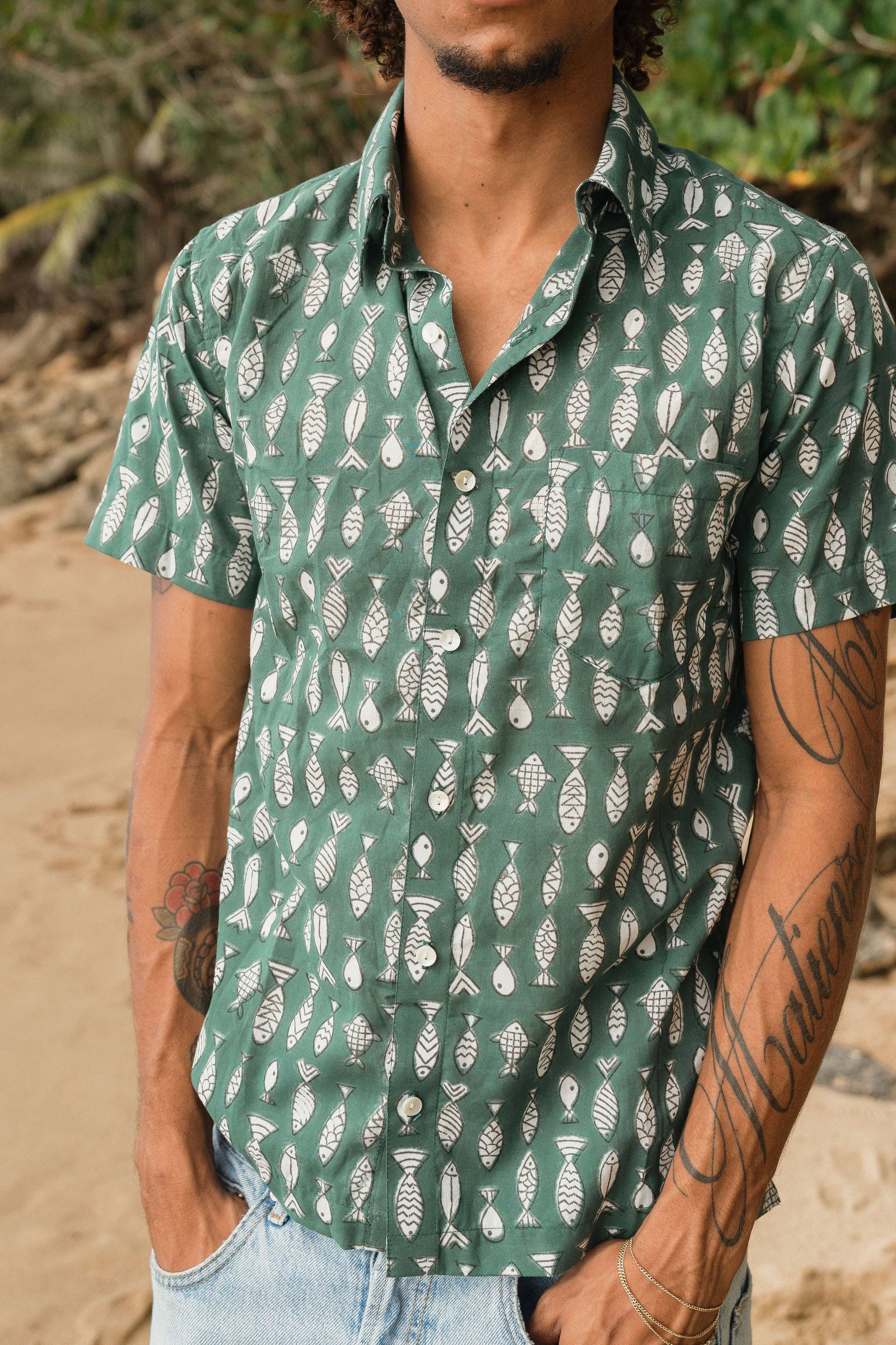 PESCADO Green Short Sleeve Button Down Shirt