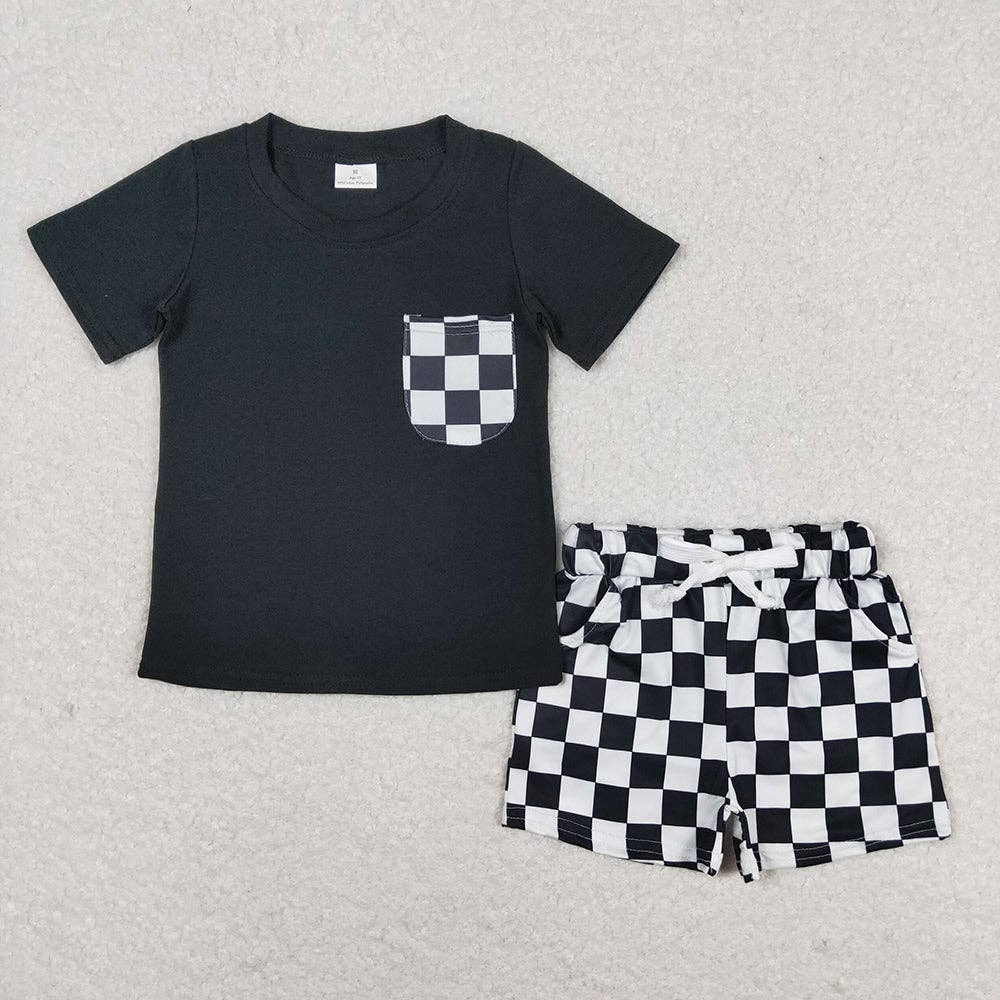 CHECKERED Black Tee w/ Pocket and Shorts Set