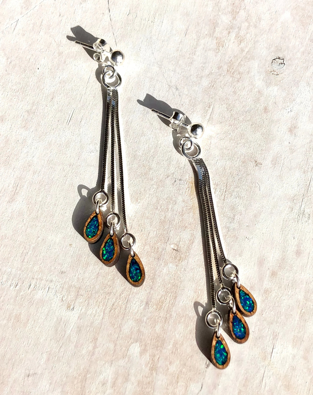 LĀʻAU HIHI Koa Wood/Opal Silver Earrings