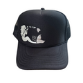 A black trucker-style cap with a silver graphic print of a mermaid kissing the hawaiian islands on the front panel, shown against a plain white background.