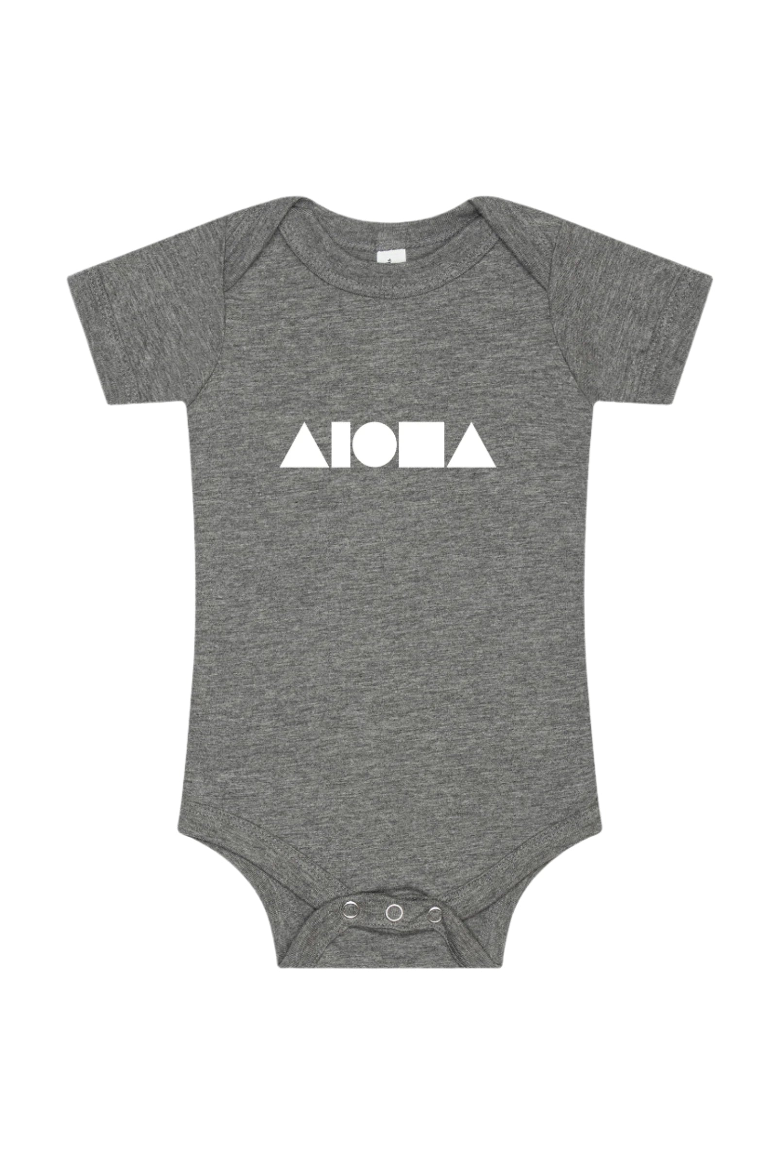 Gray baby onesie with 'Aloha' print on a white background