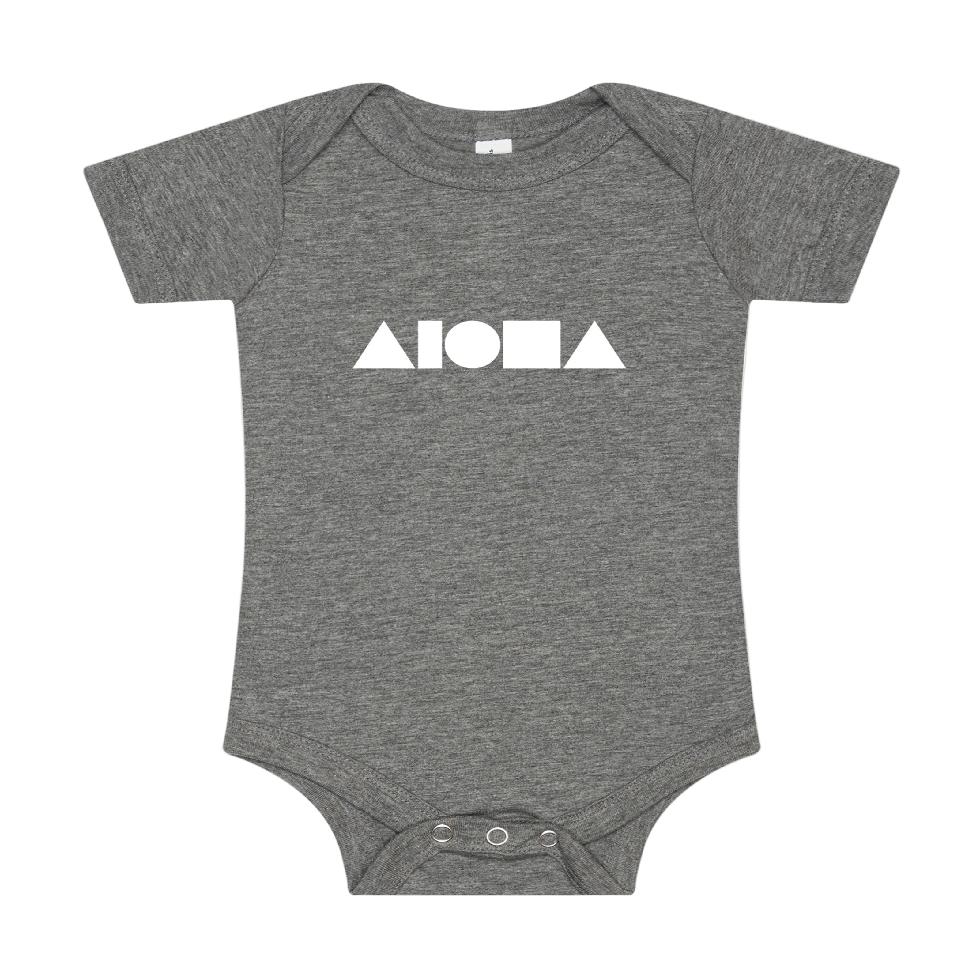 Gray baby onesie with 'Aloha' print on a white background