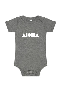 Gray baby onesie with 'Aloha' print on a white background