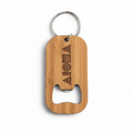 Wooden keychain with bottle opener and engraved logo on a white background