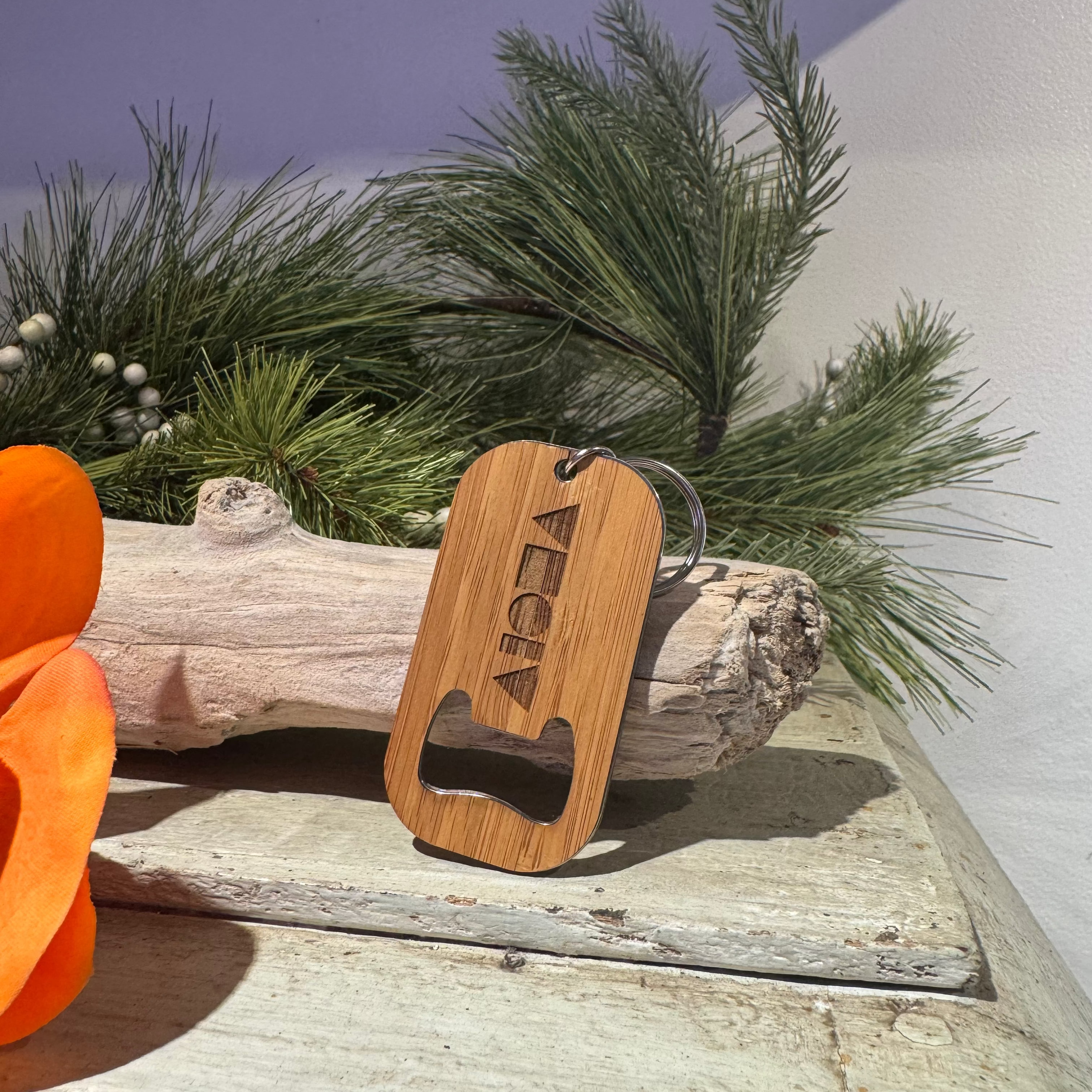 ALOHA Mini Bamboo Bottle Opener Keychain