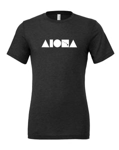 Dark grey heather unisex t-shirt printed on front with Aloha Island Shapes® logo on front in white