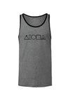Unisex tanktop in dark heather grey screen printed with Mauka to Makai Aloha Shapes logo in black on front chest. Neck and armholes in contrasting black 