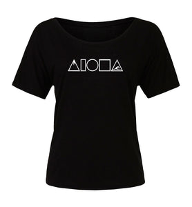 Womens slouchy t-shirt in black printed on front chest with Mauka to Makai Aloha Shapes in white. Designed by Maui boutique owners in Hawaii