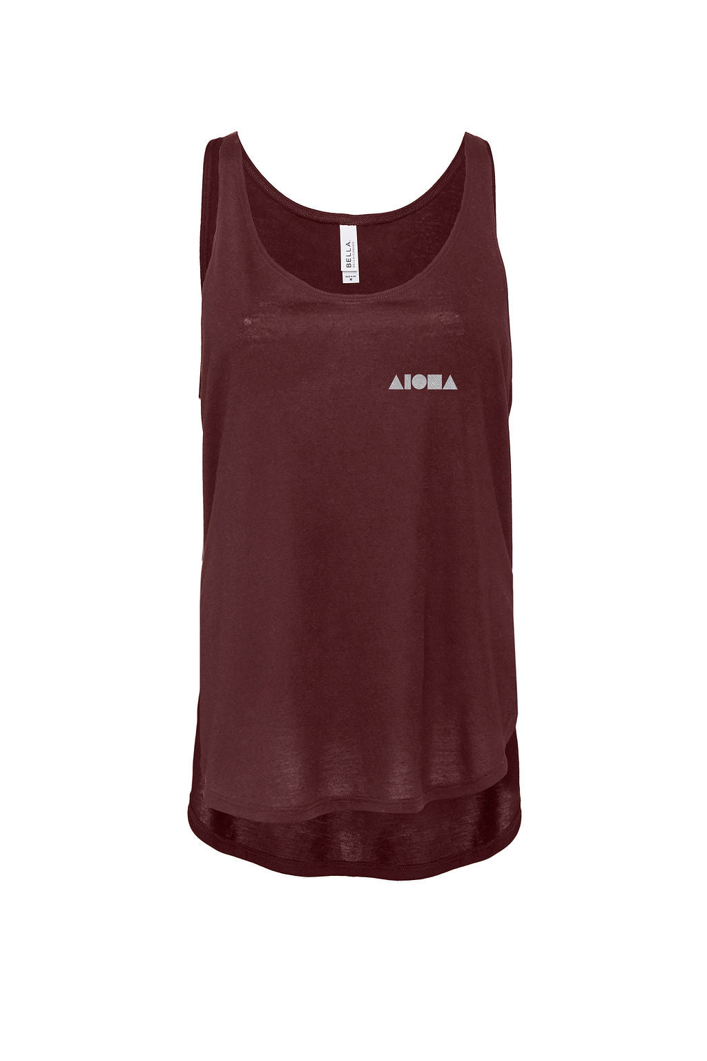 Womens flowy side slit tank with scoop neck. Maroon fabric printed with small silver aloha Shapes logo on front left chest