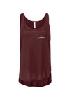 Womens flowy side slit tank with scoop neck. Maroon fabric printed with small silver aloha Shapes logo on front left chest