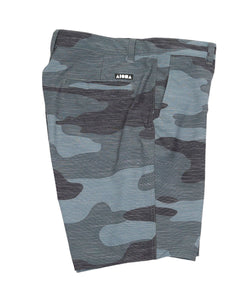 Side view of pocket, logo details for Adult "Linton" camo print boardshorts