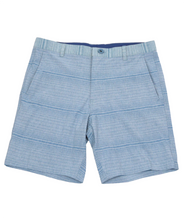 Mens horizontal striped blue walk shorts with button/zipper closure and belt loops
