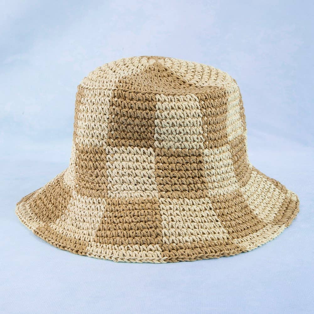 CHECK MATE Beige Wide Brim Beach Bucket Hat | One Size