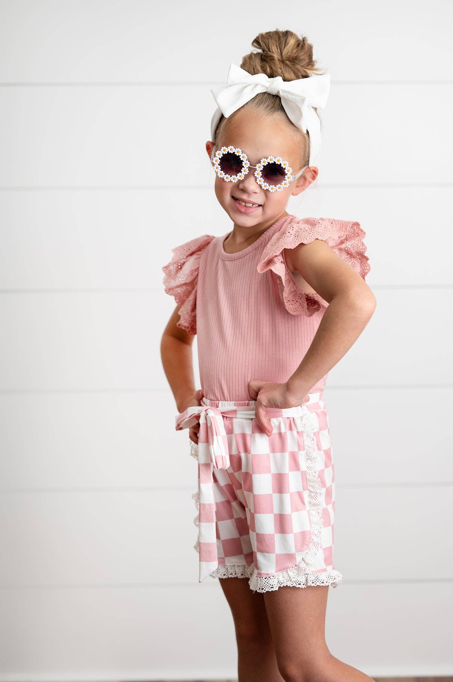 Girls Pink Lace Checkered Summer Ruffle Short Set: 2