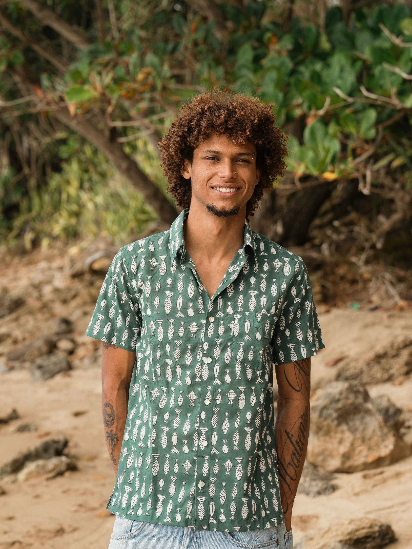 PESCADO Green Short Sleeve Button Down Shirt