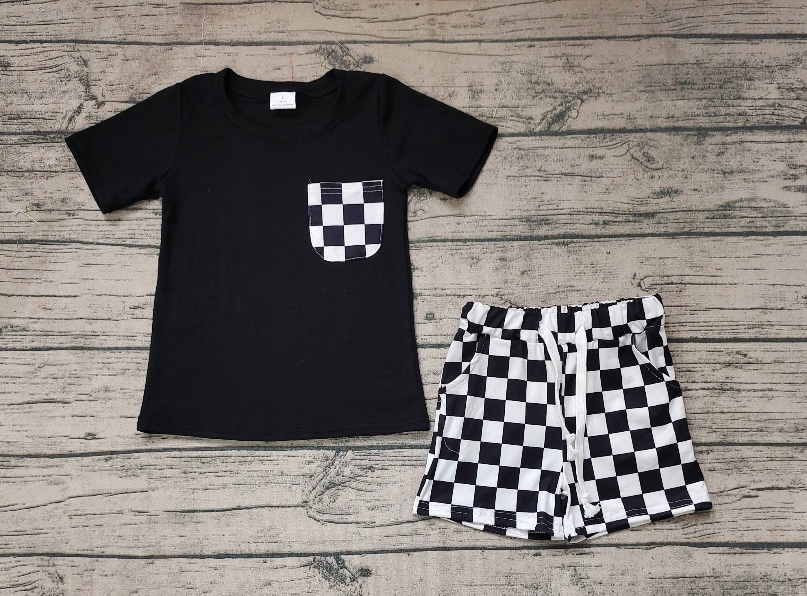 CHECKERED Black Tee w/ Pocket and Shorts Set