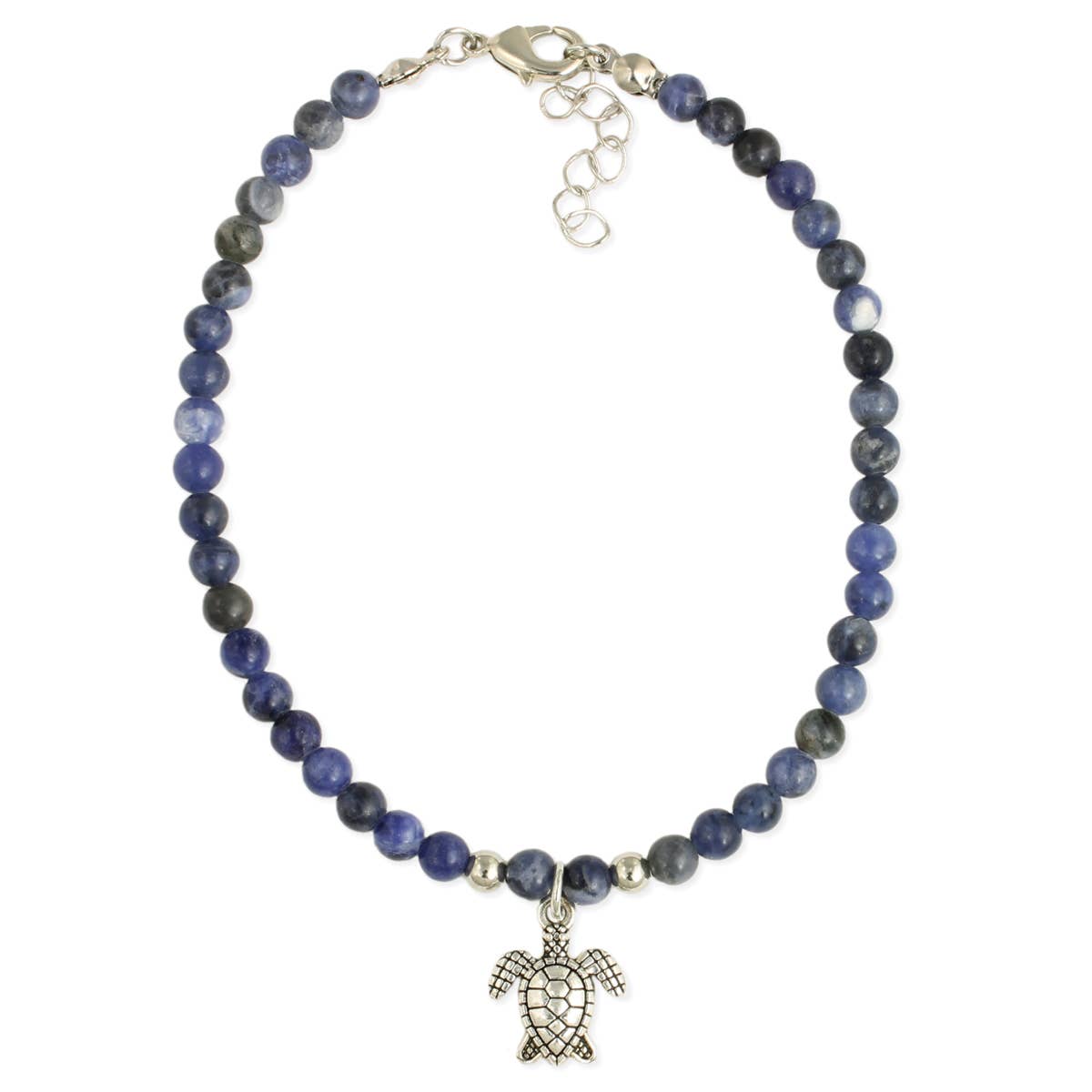 SODALITE STONE/SILVER Sea Turtle Beaded Charm Anklet
