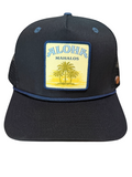 A black trucker-style baseball cap with a rectangular front patch reading 'ALOHA MAHALOS' above a yellow palm tree illustration, shown on a plain white background.