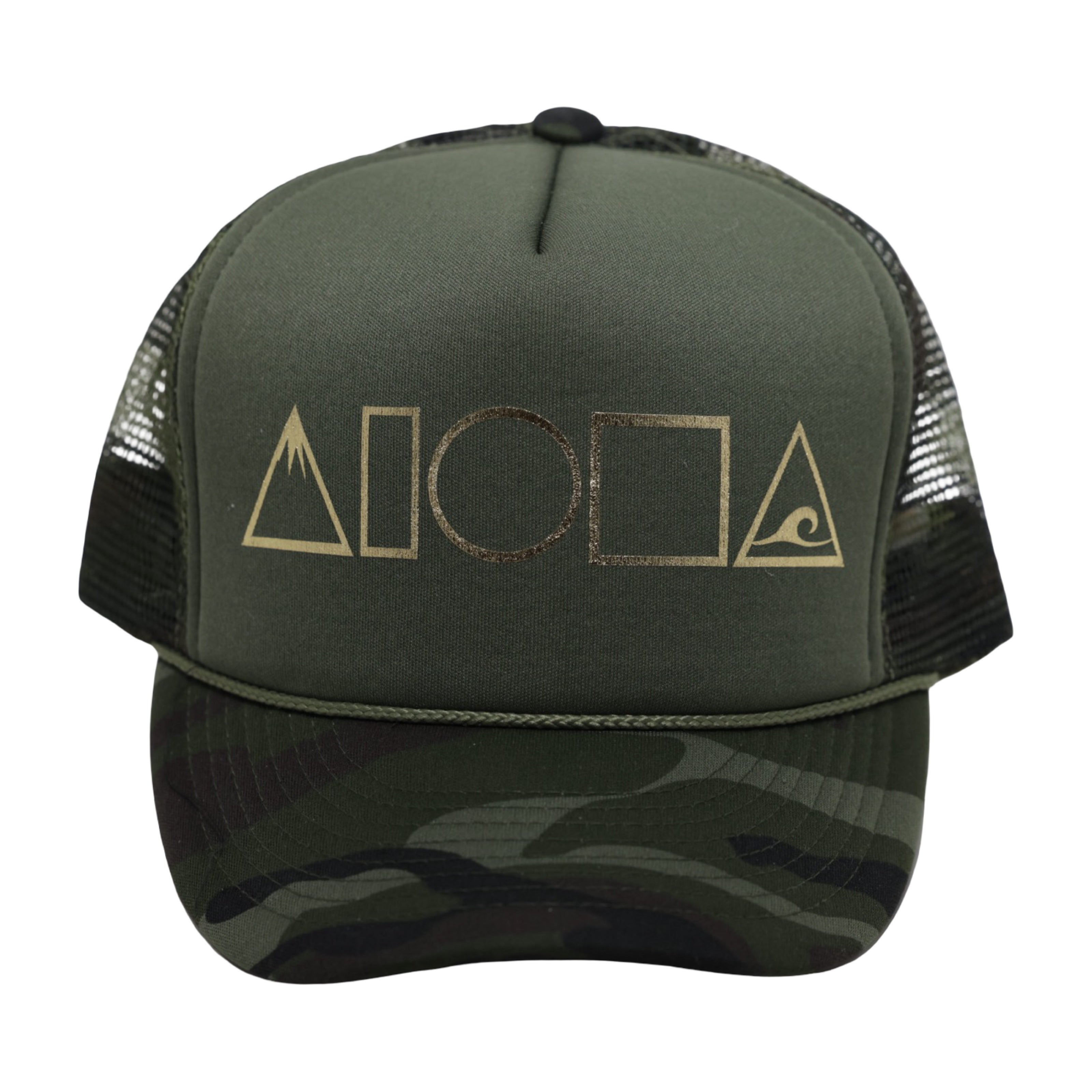 MAUKA TO MAKAI Olive Camo/Gold Adult Trucker