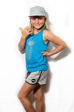 Young girl wearing Repeat Pineapple youth tanktop and an Aloha Shapes youth flat brim hat