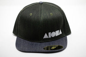 Green and grey denim adult flat brim snapback hat embroidered with white Aloha Shapes ® logo