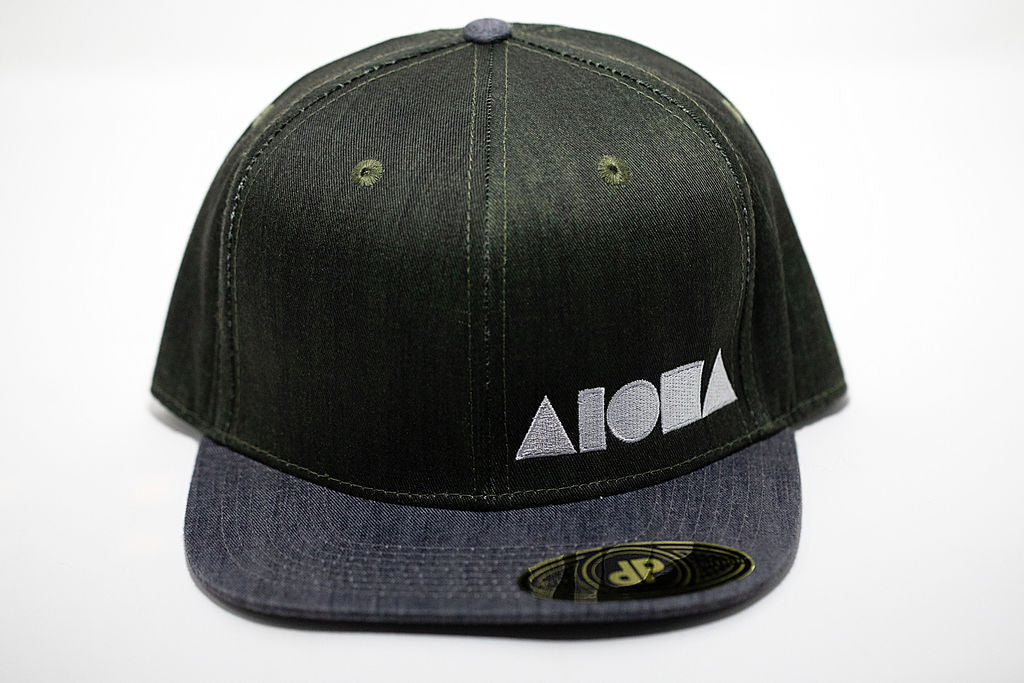 Green and grey denim adult flat brim snapback hat embroidered with white Aloha Shapes ® logo