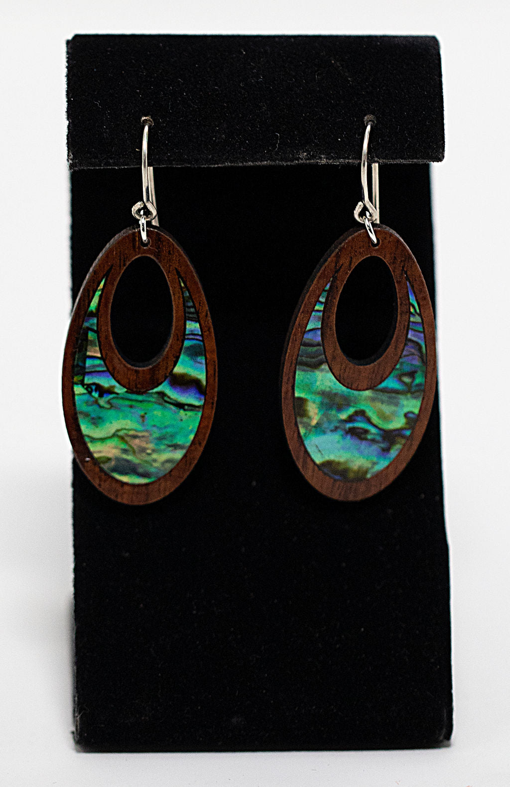 Handmade in Maui Hawaiian koa wood and abalone shell earrings