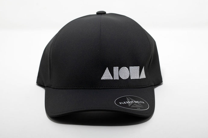 Delta Flexfit adult hat in dark grey with Alohs Shapes ® logo embroidered in white