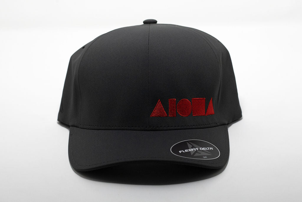 Delta Flexfit adult hat in dark grey embroidered with Aloha Shapes ® logo in red.