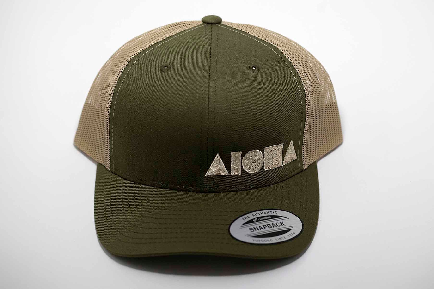 Adult curved bill snapback hat. Military green brim and front panels. Khaki color mesh back panels. Tan color embroidered Aloha Shapes® logo.
