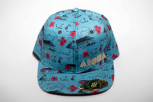 Adult flat brim Snapback hat with blue and red Hawaiian fabric embroidered with Aloha Shapes ® logo