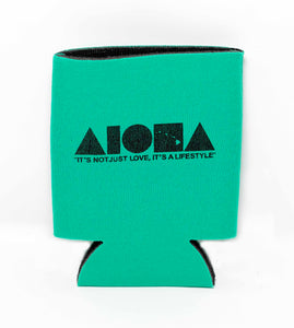 Green Aloha Shapes ® logo koozie with tagline below "It's not just love, it's a lifestyle"