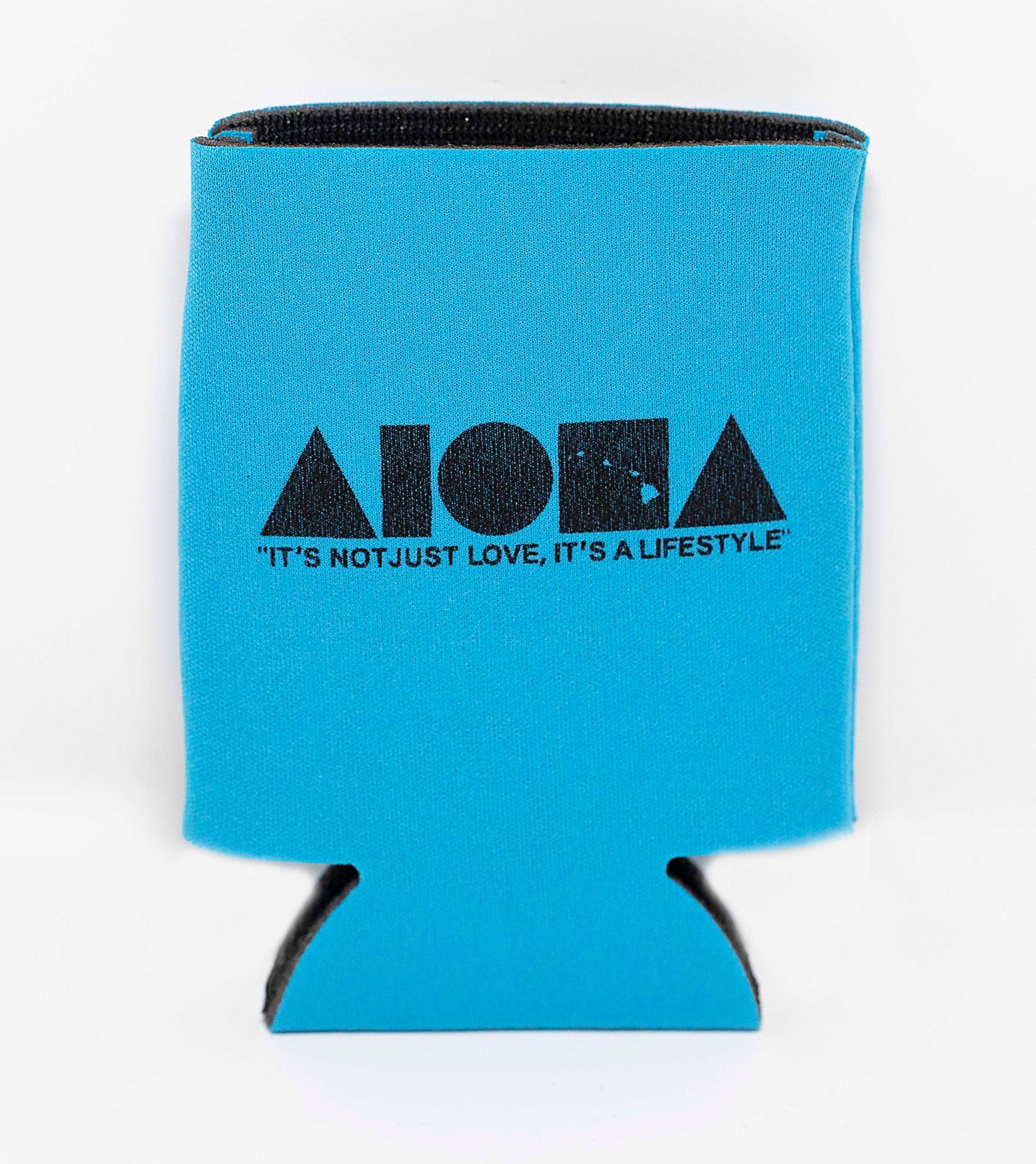 Blue Aloha Shapes ® logo koozie with tagline below "It's not just love, it's a lifestyle"