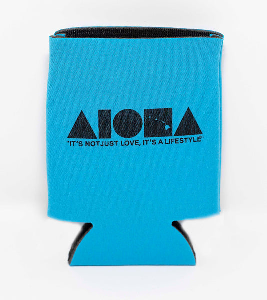 Blue Aloha Shapes ® logo koozie with tagline below "It's not just love, it's a lifestyle"